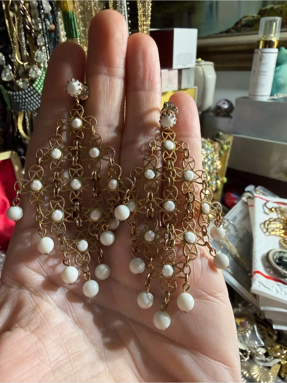 vintage gold-tone filigree chandelier earrings